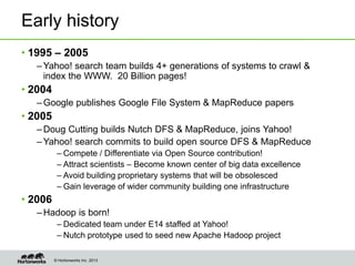 © Hortonworks Inc. 2013
Early history
• 1995 – 2005
–Yahoo! search team builds 4+ generations of systems to crawl &
index ...