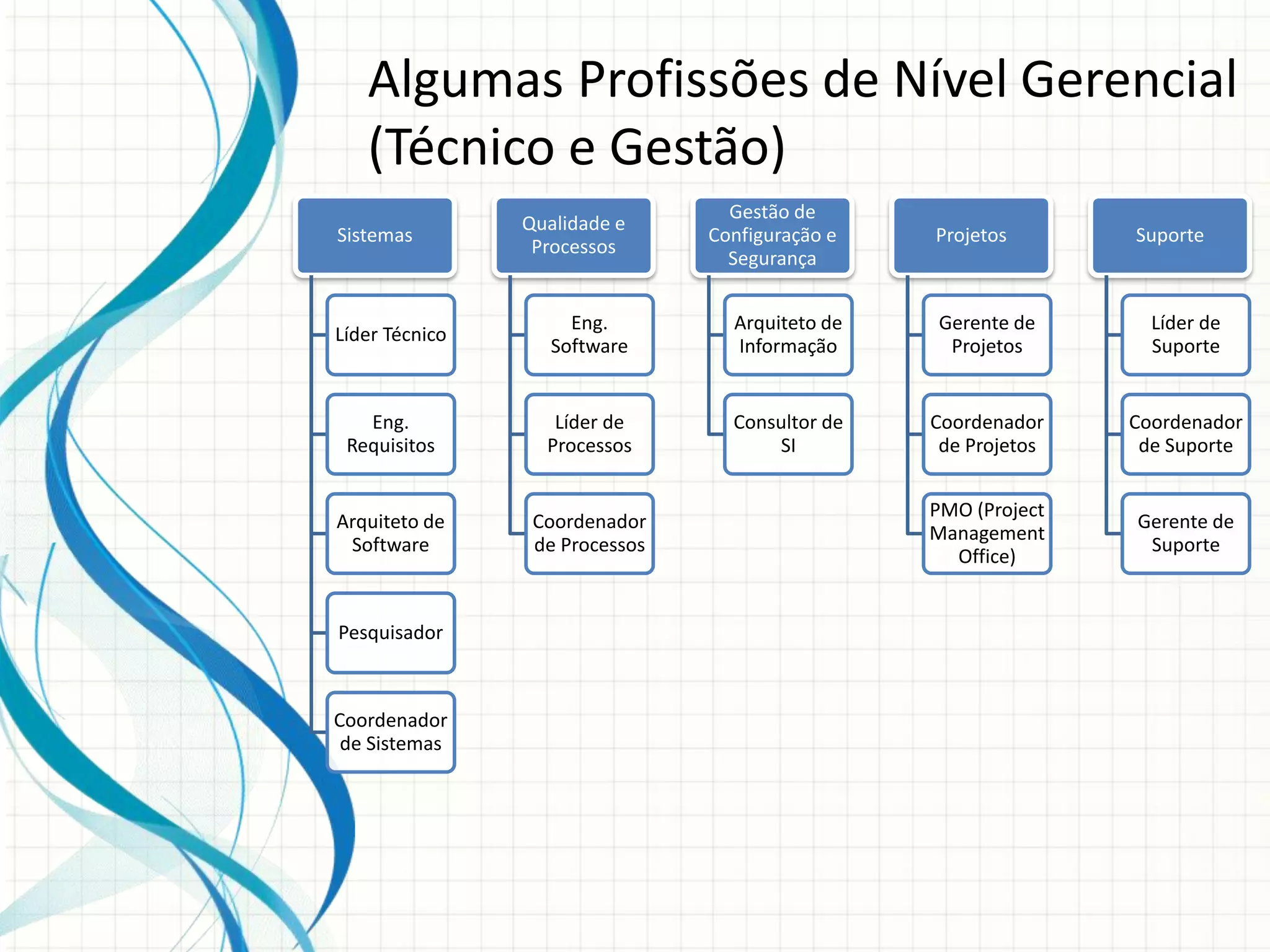 Sistemas
Líder Técnico
Eng.
Requisitos
Arquiteto de
Software
Pesquisador
Coordenador
de Sistemas
Qualidade e
Processos
Eng.
Software
Líder de
Processos
Coordenador
de Processos
Gestão de
Configuração e
Segurança
Arquiteto de
Informação
Consultor de
SI
Projetos
Gerente de
Projetos
Coordenador
de Projetos
PMO (Project
Management
Office)
Suporte
Líder de
Suporte
Coordenador
de Suporte
Gerente de
Suporte
Algumas Profissões de Nível Gerencial
(Técnico e Gestão)
 