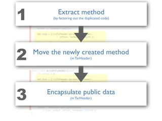 public class TarEntry{
public void parseTarHeader( TarHeader hdr, byte[] header ){
	 int offset = 0;
	 hdr.name = TarHeader.parseName(
	 	 	 	 	 header, offset, TarHeader.NAMELEN );
	
	 offset += TarHeader.NAMELEN;
	 hdr.mode = (int)TarHeader.parseOctal( header,
	 	 	 	 	 offset, TarHeader.MODELEN );
	 offset += TarHeader.MODELEN;
	 hdr.userId = (int)TarHeader.parseOctal( header,
	 	 	 	 	 offset, TarHeader.UIDLEN );
	 offset += TarHeader.UIDLEN;
	 hdr.groupId = (int)TarHeader.parseOctal( header,
	 	 	 	 	 offset, TarHeader.GIDLEN );
}
public void writeEntryHeader(byte[] outbuf){
	 int offset = 0;
	 hdr.mode = (int)TarHeader.parseOctal( header,
	 	 	 	 	 offset, TarHeader.MODELEN );
	 offset += TarHeader.MODELEN;
	 hdr.userId = (int)TarHeader.parseOctal( header,
	 	 	 	 	 offset, TarHeader.UIDLEN );
	 long size = this.header.size;
	 offset = TarHeader.getLongOctalBytes
	 	 ( size, outbuf, offset, TarHeader.SIZELEN );
}
hdr.mode = (int)TarHeader.parseOctal( header,
hdr.mode = (int)TarHeader.parseOctal( header,
offset, TarHeader.MODELEN );
offset, TarHeader.MODELEN );
offset += TarHeader.MODELEN;
offset += TarHeader.MODELEN;
hdr.userId = (int)TarHeader.parseOctal( header,
hdr.userId = (int)TarHeader.parseOctal( header,
offset, TarHeader.UIDLEN );
offset, TarHeader.UIDLEN );
parseTarHeader
writeEntryHeader
Extract method
(by factoring out the duplicated code)1
Move the newly created method
(in TarHeader)2
Encapsulate public data
(in TarHeader)3
 