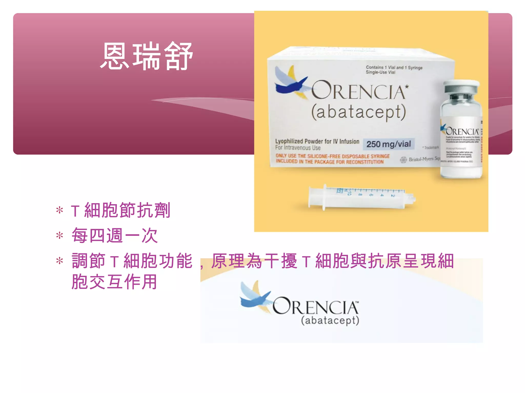 恩瑞舒
∗ T 細胞節抗劑
∗ 每四週一次
∗ 調節 T 細胞功能，原理為干擾 T 細胞與抗原呈現細
胞交互作用
 