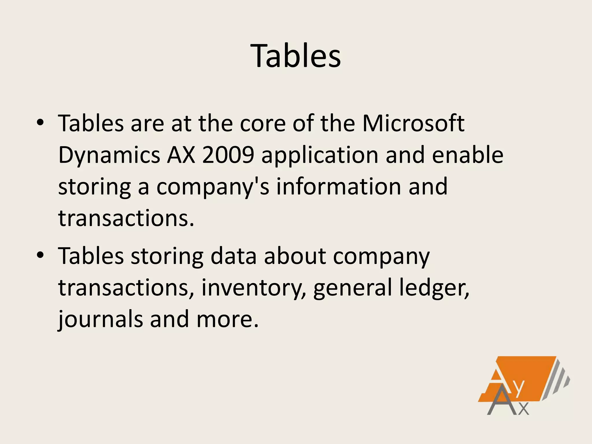 Tables
• Tables are at the core of the Microsoft
Dynamics AX 2009 application and enable
storing a company's information and
transactions.
• Tables storing data about company
transactions, inventory, general ledger,
journals and more.
 