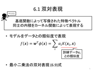 6.1 双対表現
基底関数によって写像された特徴ベクトル
同士の内積をカーネル関数によって表現する
• モデルをデータとの類似度で表現
𝑓 𝒙 = 𝒘 𝑇
𝜙 𝒙 = 𝛼𝑖 𝐾(𝒙𝑖, 𝒙)
𝑖
• 最小二乗法の双対表現 (6.9)式
ポイントだよ
5
訓練データ𝒙𝑖
との類似度
 
