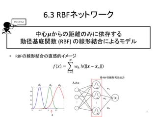 6.3 RBFネットワーク
中心𝝁からの距離のみに依存する
動径基底関数 (RBF) の線形結合によるモデル
• RBFの線形結合の直感的イメージ
𝑓 𝑥 = 𝑤ℎ ℎ 𝒙 − 𝒙 𝑛
𝑁
𝑛=1
ポイントだよ
7
𝑓(𝒙)
…
…
𝑤1
𝑤2
𝑤 𝑛
入力𝒙
𝒙1
𝒙2
𝒙 𝑛
各RBFの線形和を出力
𝜙2𝜙1 𝜙3
𝒙
 