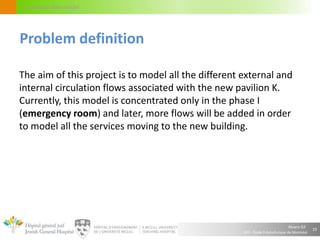 Alvaro Gil
JGH – École Polytechnique de Montréal
Circulation flow model
The aim of this project is to model all the different external and
internal circulation flows associated with the new pavilion K.
Currently, this model is concentrated only in the phase I
(emergency room) and later, more flows will be added in order
to model all the services moving to the new building.
10
Problem definition
 