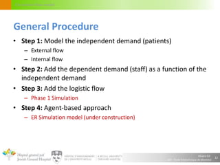 Alvaro Gil
JGH – École Polytechnique de Montréal
Circulation flow model
• Step 1: Model the independent demand (patients)
– External flow
– Internal flow
• Step 2: Add the dependent demand (staff) as a function of the
independent demand
• Step 3: Add the logistic flow
– Phase 1 Simulation
• Step 4: Agent-based approach
– ER Simulation model (under construction)
12
General Procedure
 