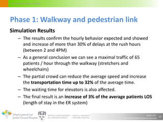 Alvaro Gil
JGH – École Polytechnique de Montréal
Circulation flow model
Simulation Results
– The results confirm the hourly behavior expected and showed
and increase of more than 30% of delays at the rush hours
(between 2 and 4PM)
– As a general conclusion we can see a maximal traffic of 65
patients / hour through the walkway (stretchers and
wheelchairs)
– The partial crowd can reduce the average speed and increase
the transportation time up to 32% of the average time.
– The waiting time for elevators is also affected.
– The final result is an increase of 3% of the average patients LOS
(length of stay in the ER system)
25
Phase 1: Walkway and pedestrian link
 