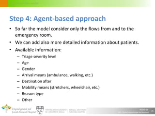 Alvaro Gil
JGH – École Polytechnique de Montréal
Circulation flow model
• So far the model consider only the flows from and to the
emergency room.
• We can add also more detailed information about patients.
• Available information:
– Triage severity level
– Age
– Gender
– Arrival means (ambulance, walking, etc.)
– Destination after
– Mobility means (stretchers, wheelchair, etc.)
– Reason type
– Other
26
Step 4: Agent-based approach
 