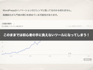 WordPressはイノベーションのジレンマに陥ってるのかも知れません。
高機能化が入門者の間口を狭めている可能性があります。
このままでは初心者の手に負えないツールになってしまう！
 