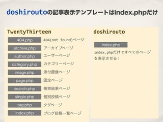 doshiroutoの記事表示テンプレートはindex.phpだけ
TwentyThirteen
404.php 404(not	
  found)ページ
author.php
category.php
image.php
page.php
i...