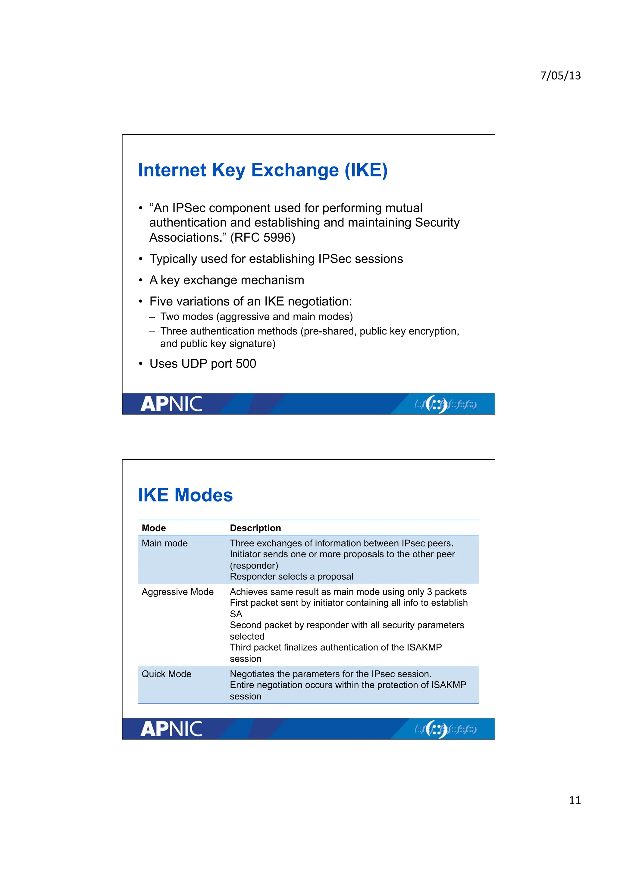 7/05/13	
  
11	
  
Internet Key Exchange (IKE)
• “An IPSec component used for performing mutual
authentication and establishing and maintaining Security
Associations.” (RFC 5996)
• Typically used for establishing IPSec sessions
• A key exchange mechanism
• Five variations of an IKE negotiation:
– Two modes (aggressive and main modes)
– Three authentication methods (pre-shared, public key encryption,
and public key signature)
• Uses UDP port 500
IKE Modes
Mode Description
Main mode Three exchanges of information between IPsec peers.
Initiator sends one or more proposals to the other peer
(responder)
Responder selects a proposal
Aggressive Mode Achieves same result as main mode using only 3 packets
First packet sent by initiator containing all info to establish
SA
Second packet by responder with all security parameters
selected
Third packet finalizes authentication of the ISAKMP
session
Quick Mode Negotiates the parameters for the IPsec session.
Entire negotiation occurs within the protection of ISAKMP
session
 