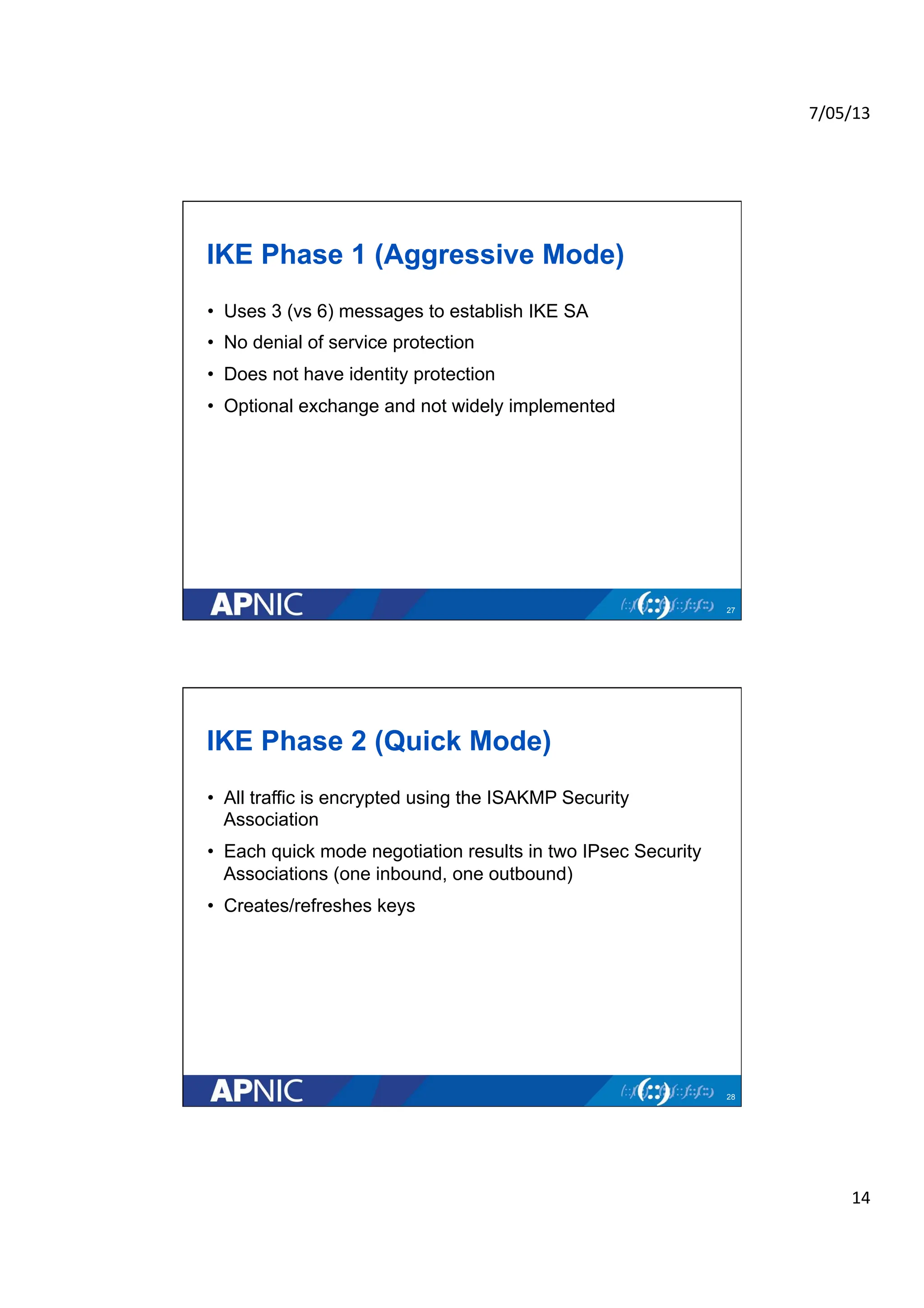 7/05/13	
  
14	
  
IKE Phase 1 (Aggressive Mode)
• Uses 3 (vs 6) messages to establish IKE SA
• No denial of service protection
• Does not have identity protection
• Optional exchange and not widely implemented
27
IKE Phase 2 (Quick Mode)
• All traffic is encrypted using the ISAKMP Security
Association
• Each quick mode negotiation results in two IPsec Security
Associations (one inbound, one outbound)
• Creates/refreshes keys
28
 