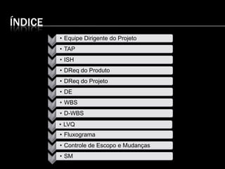 ÍNDICE
• Equipe Dirigente do Projeto
• TAP
• ISH
• DReq do Produto
• DReq do Projeto
• DE
• WBS
• D-WBS
• LVQ
• Fluxograma
• Controle de Escopo e Mudanças
• SM
 