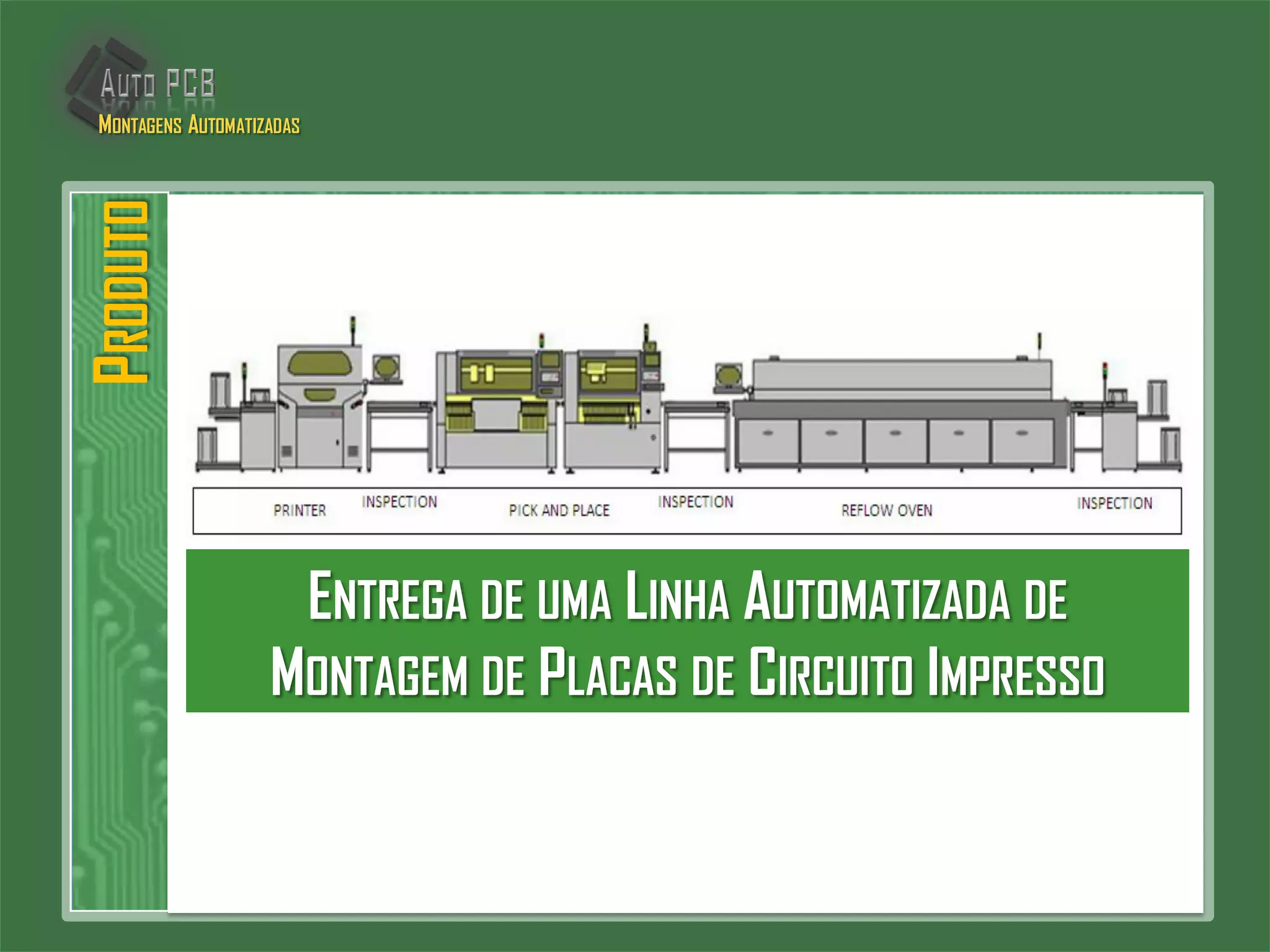 ENTREGA DE UMA LINHA AUTOMATIZADA DE
MONTAGEM DE PLACAS DE CIRCUITO IMPRESSO
PRODUTOMONTAGENS AUTOMATIZADAS
 