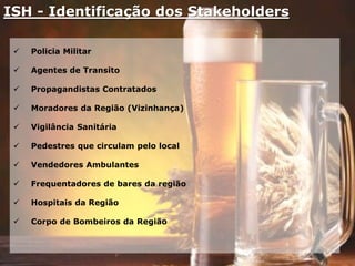 ISH - Identificação dos Stakeholders
 Policia Militar
 Agentes de Transito
 Propagandistas Contratados
 Moradores da Região (Vizinhança)
 Vigilância Sanitária
 Pedestres que circulam pelo local
 Vendedores Ambulantes
 Frequentadores de bares da região
 Hospitais da Região
 Corpo de Bombeiros da Região
 