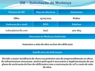 SM – Solicitação de Mudança
Numero da SM Data da Abertura Solicitante
SM01 23/04/2013 Walter
Endereço de e-mail DDD Telefone
walter@betaville.com (011) 2711-1613
Descrição da Mudança Solicitada
Aumentar a mão de obra na fase de edificação
Justificativa da Solicitação
Devido a maior incidência de chuva no primeiro ano do empreendimento as obras
de infraestrutura atrasaram, motivo pelo qual é necessário a implementação de um
plano de aceleração da fase de edificações com a contratação de 20% a mais de mão
de obra.
 