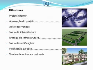 TAP
Milestones
• Project charter
• Aprovação do projeto..................................
• Início das vendas
• Início da infraestrutura
• Entrega da infraestrutura............................
• Início das edificações
• Finalização da obra.....................................
• Vendas de unidades residuais
 