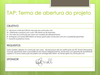 TAP: Termo de abertura do projeto
OBJETIVO
S – Alcançar a fatia de 0,5% do mercado da construção civil;
M – Ofertando o produto com custo 15% inferior ao de alvenaria;
A – Por meio da construção de casas com madeira de reflorestamento;
R – Entregues com prazo 60% inferior ao tempo gasto pela construção civil com a qualidade garantida;
T – Durante os próximos 3 anos.
REQUISITOS
Toda madeira utilizada na construção das casas, deverá possuir selo de certificação da FSC (Forest Stewardship
Council), garantindo assim a procedência da mesma (reflorestamento), sendo essa com garantia de durabilidade
superior a 15 anos e execução do projeto com entrega 60% inferior ao tempo gasto na construção civil.
SPONSOR
 