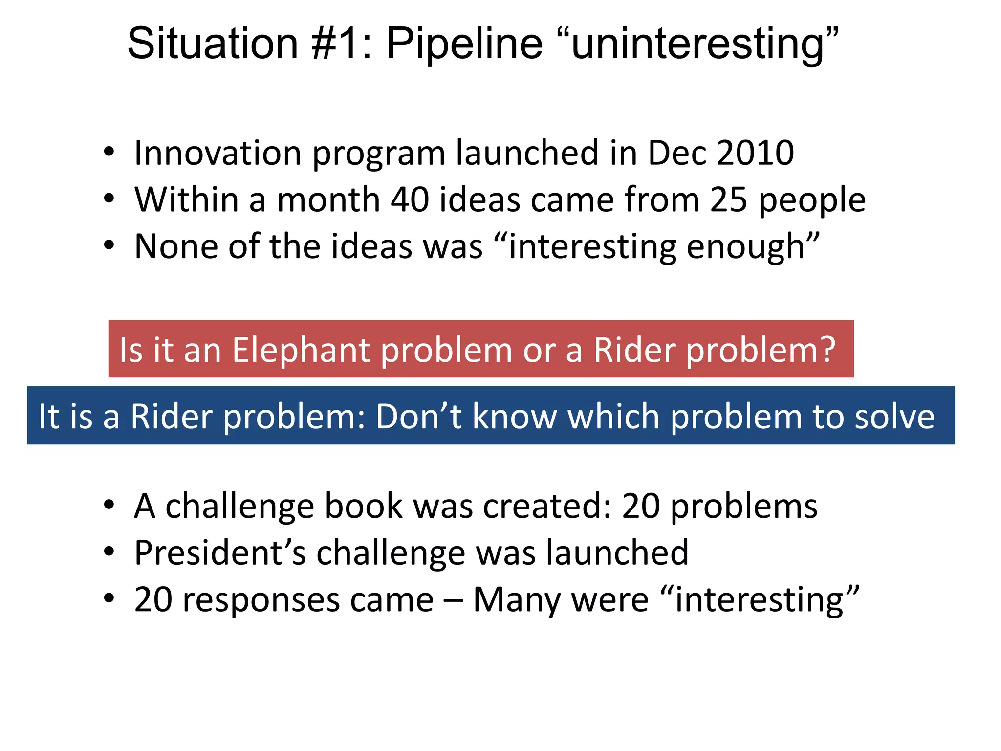 Situation #1: Pipeline “uninteresting”
• Innovation program launched in Dec 2010
• Within a month 40 ideas came from 25 people
• None of the ideas was “interesting enough”
Is it an Elephant problem or a Rider problem?
• A challenge book was created: 20 problems
• President’s challenge was launched
• 20 responses came – Many were “interesting”
It is a Rider problem: Don’t know which problem to solve
 