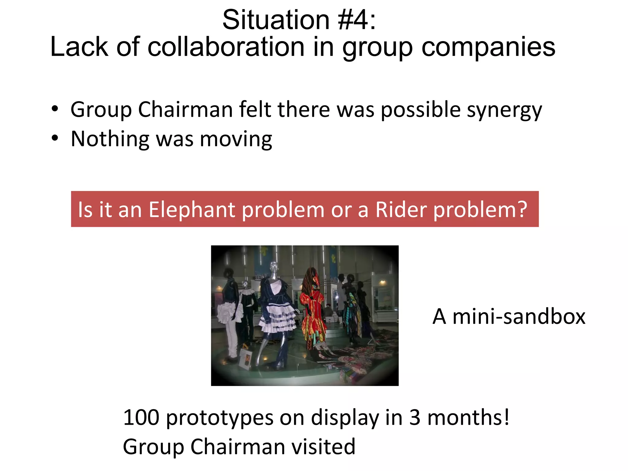 Situation #4:
Lack of collaboration in group companies
• Group Chairman felt there was possible synergy
• Nothing was moving
Is it an Elephant problem or a Rider problem?
100 prototypes on display in 3 months!
Group Chairman visited
A mini-sandbox
 
