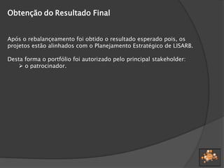 Obtenção do Resultado Final
Após o rebalançeamento foi obtido o resultado esperado pois, os
projetos estão alinhados com o Planejamento Estratégico de LISARB.
Desta forma o portfólio foi autorizado pelo principal stakeholder:
 o patrocinador.
 