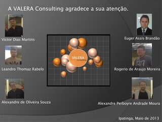 A VALERA Consulting agradece a sua atenção.
Victor Dias Martins
Alexandre de Oliveira Souza
Leandro Thomaz Rabelo
Euger Assis Brandão
Rogerio de Araujo Moreira
Alexandre Perboyre Andrade Moura
Ipatinga, Maio de 2013
 