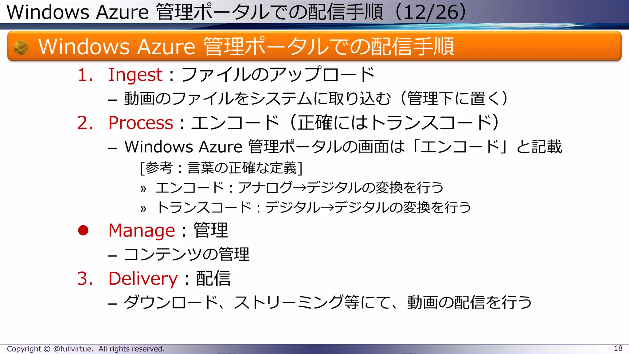 Windows Azure 管理ポータルでの配信手順（12/26）
Windows Azure 管理ポータルでの配信手順
1. Ingest：ファイルのアップロード
– 動画のファイルをシステムに取り込む（管理下に置く）
2. Process：エンコード（正確にはトランスコード）
– Windows Azure 管理ポータルの画面は「エンコード」と記載
[参考：言葉の正確な定義]
» エンコード：アナログ→デジタルの変換を行う
» トランスコード：デジタル→デジタルの変換を行う
 Manage：管理
– コンテンツの管理
3. Delivery：配信
– ダウンロード、ストリーミング等にて、動画の配信を行う
Copyright © @fullvirtue. All rights reserved. 18
 