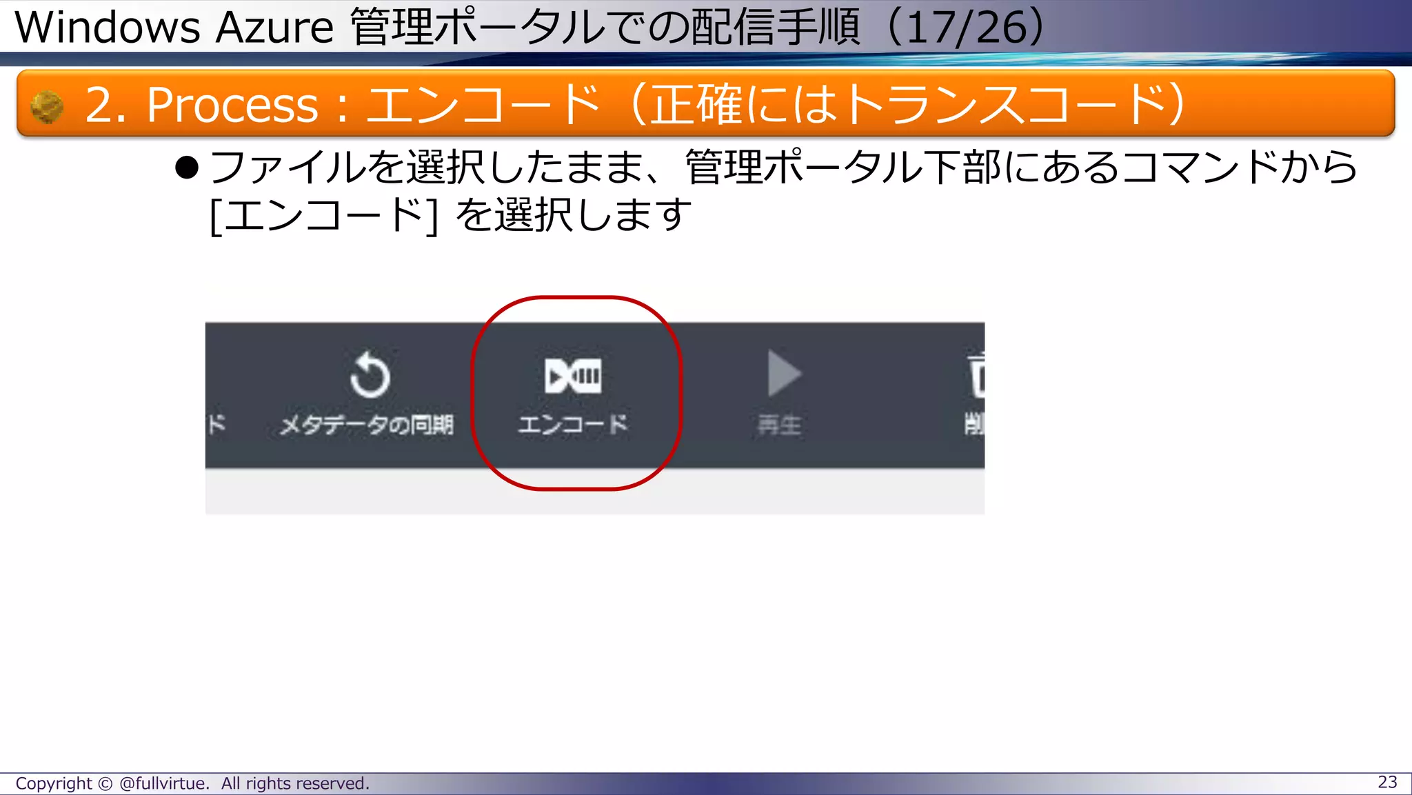 Windows Azure 管理ポータルでの配信手順（17/26）
2. Process：エンコード（正確にはトランスコード）
ファイルを選択したまま、管理ポータル下部にあるコマンドから
[エンコード] を選択します
Copyright © @fullvirtue. All rights reserved. 23
 
