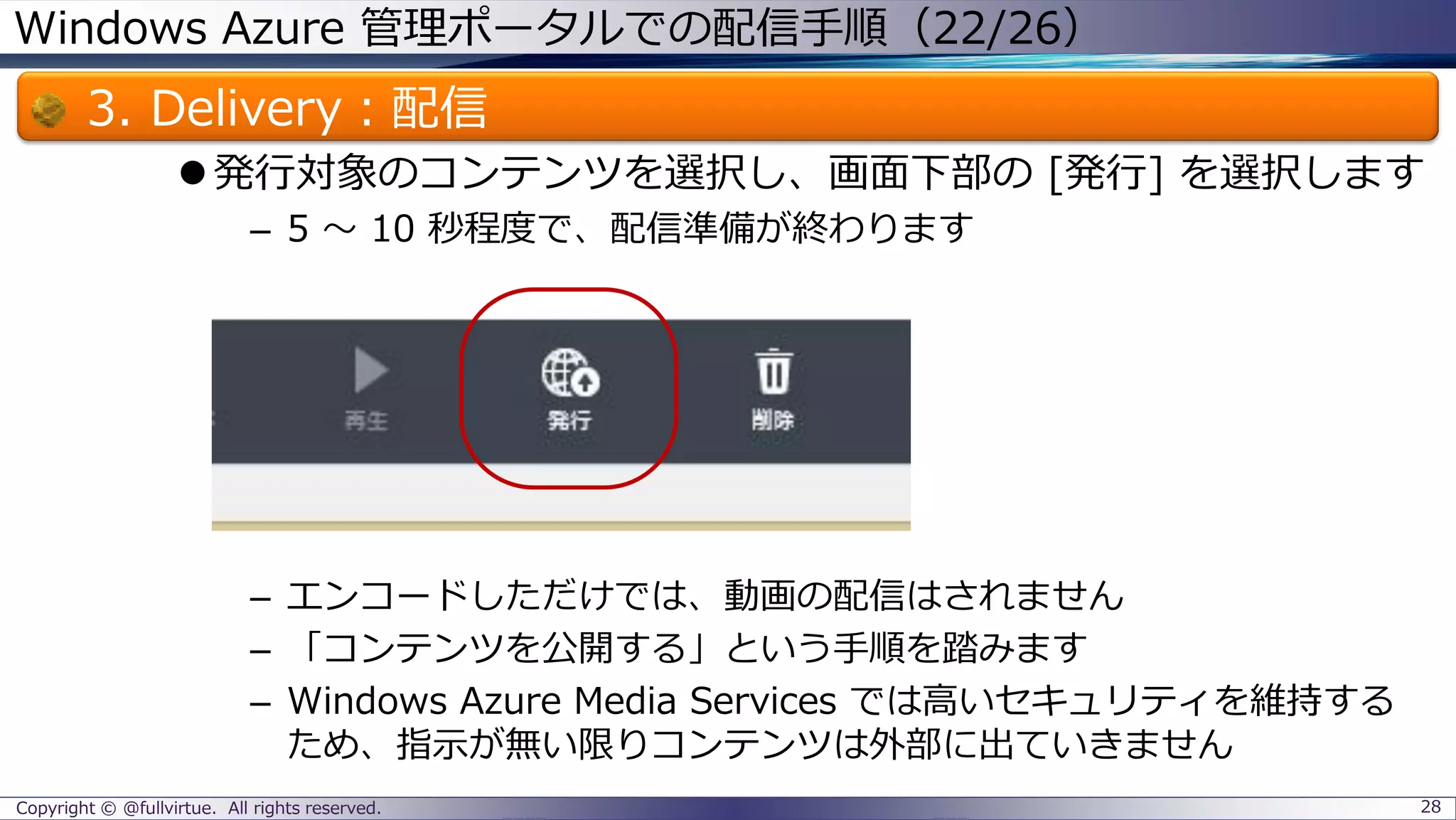 Windows Azure 管理ポータルでの配信手順（22/26）
3. Delivery：配信
発行対象のコンテンツを選択し、画面下部の [発行] を選択します
– 5 ～ 10 秒程度で、配信準備が終わります
– エンコードしただけでは、動画の配信はされません
– 「コンテンツを公開する」という手順を踏みます
– Windows Azure Media Services では高いセキュリティを維持する
ため、指示が無い限りコンテンツは外部に出ていきません
Copyright © @fullvirtue. All rights reserved. 28
 