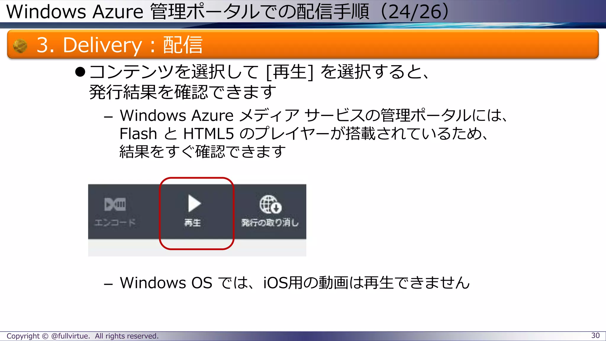 Windows Azure 管理ポータルでの配信手順（24/26）
3. Delivery：配信
コンテンツを選択して [再生] を選択すると、
発行結果を確認できます
– Windows Azure メディア サービスの管理ポータルには、
Flash と HTML5 のプレイヤーが搭載されているため、
結果をすぐ確認できます
– Windows OS では、iOS用の動画は再生できません
Copyright © @fullvirtue. All rights reserved. 30
 
