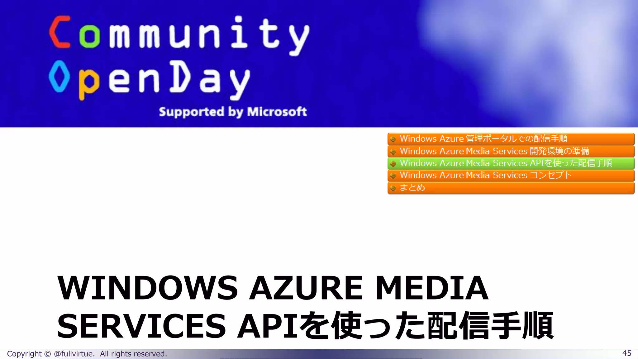 WINDOWS AZURE MEDIA
SERVICES APIを使った配信手順
Copyright © @fullvirtue. All rights reserved. 45
 
