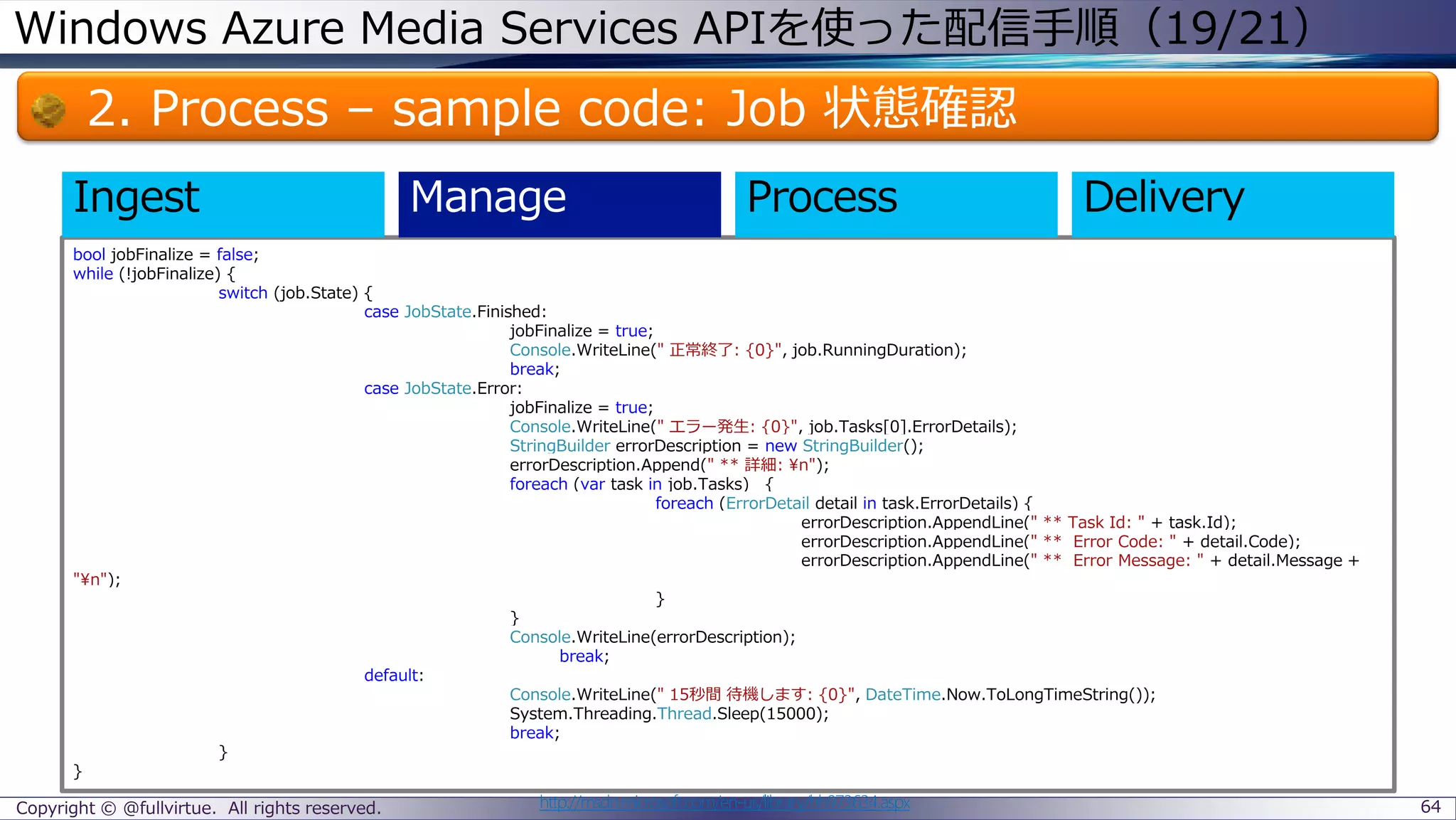 Windows Azure Media Services APIを使った配信手順（19/21）
2. Process – sample code: Job 状態確認
Copyright © @fullvirtue. All rights reserved. 64http://msdn.microsoft.com/en-us/library/hh973634.aspx
bool jobFinalize = false;
while (!jobFinalize) {
switch (job.State) {
case JobState.Finished:
jobFinalize = true;
Console.WriteLine(" 正常終了: {0}", job.RunningDuration);
break;
case JobState.Error:
jobFinalize = true;
Console.WriteLine(" エラー発生: {0}", job.Tasks[0].ErrorDetails);
StringBuilder errorDescription = new StringBuilder();
errorDescription.Append(" ** 詳細: ¥n");
foreach (var task in job.Tasks) {
foreach (ErrorDetail detail in task.ErrorDetails) {
errorDescription.AppendLine(" ** Task Id: " + task.Id);
errorDescription.AppendLine(" ** Error Code: " + detail.Code);
errorDescription.AppendLine(" ** Error Message: " + detail.Message +
"¥n");
}
}
Console.WriteLine(errorDescription);
break;
default:
Console.WriteLine(" 15秒間 待機します: {0}", DateTime.Now.ToLongTimeString());
System.Threading.Thread.Sleep(15000);
break;
}
}
Ingest
 