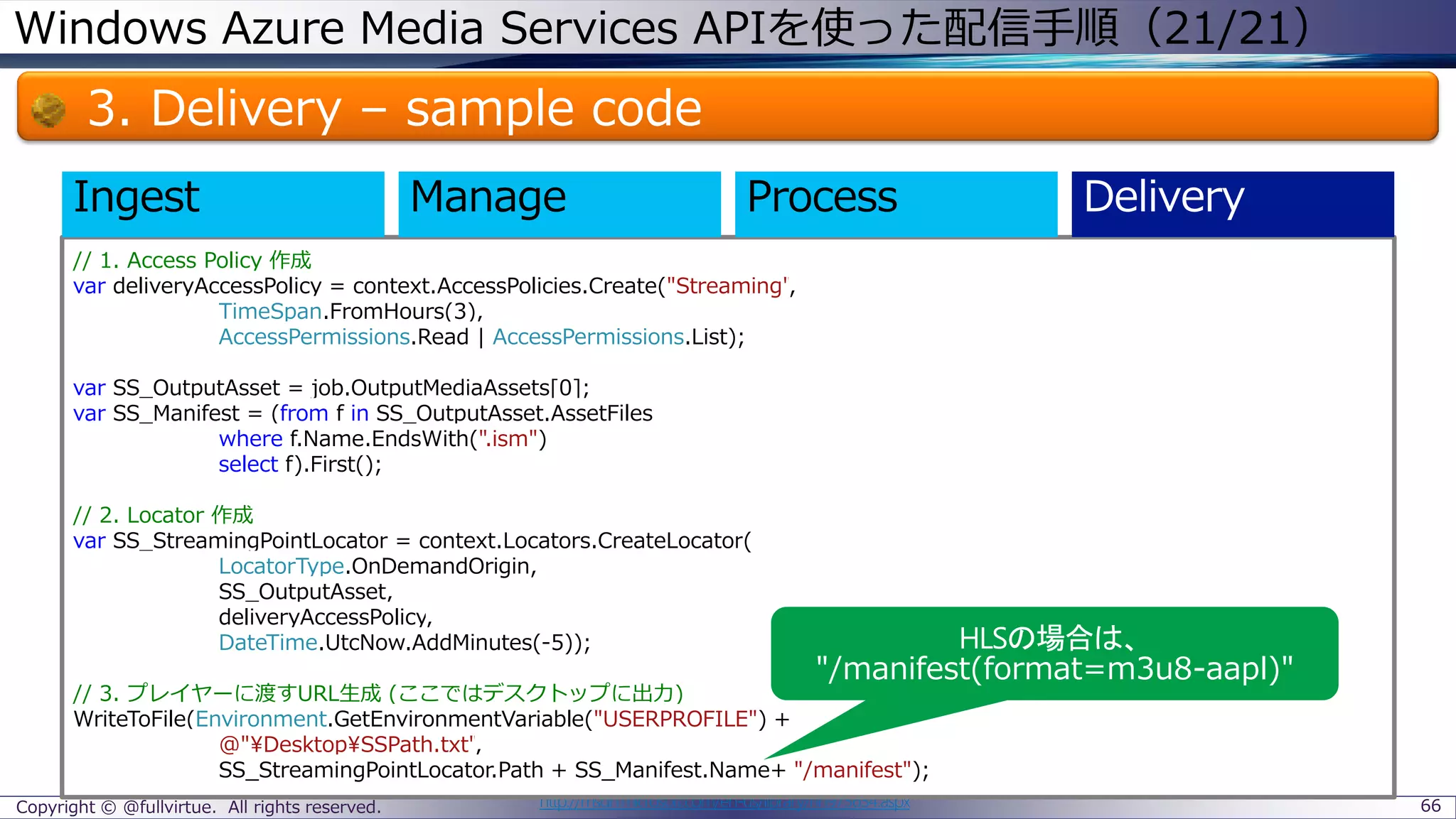 Windows Azure Media Services APIを使った配信手順（21/21）
3. Delivery – sample code
Copyright © @fullvirtue. All rights reserved. 66http://msdn.microsoft.com/en-us/library/hh973634.aspx
// 1. Access Policy 作成
var deliveryAccessPolicy = context.AccessPolicies.Create("Streaming",
TimeSpan.FromHours(3),
AccessPermissions.Read | AccessPermissions.List);
var SS_OutputAsset = job.OutputMediaAssets[0];
var SS_Manifest = (from f in SS_OutputAsset.AssetFiles
where f.Name.EndsWith(".ism")
select f).First();
// 2. Locator 作成
var SS_StreamingPointLocator = context.Locators.CreateLocator(
LocatorType.OnDemandOrigin,
SS_OutputAsset,
deliveryAccessPolicy,
DateTime.UtcNow.AddMinutes(-5));
// 3. プレイヤーに渡すURL生成 (ここではデスクトップに出力)
WriteToFile(Environment.GetEnvironmentVariable("USERPROFILE") +
@"¥Desktop¥SSPath.txt",
SS_StreamingPointLocator.Path + SS_Manifest.Name+ "/manifest");
Ingest
"/manifest(format=m3u8-aapl)"
 