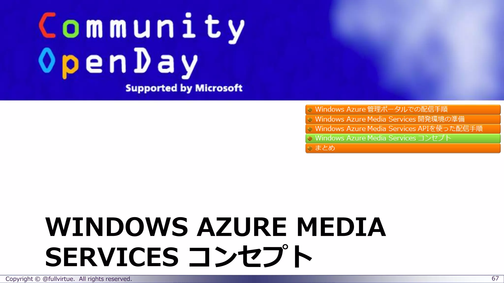 WINDOWS AZURE MEDIA
SERVICES コンセプト
Copyright © @fullvirtue. All rights reserved. 67
 