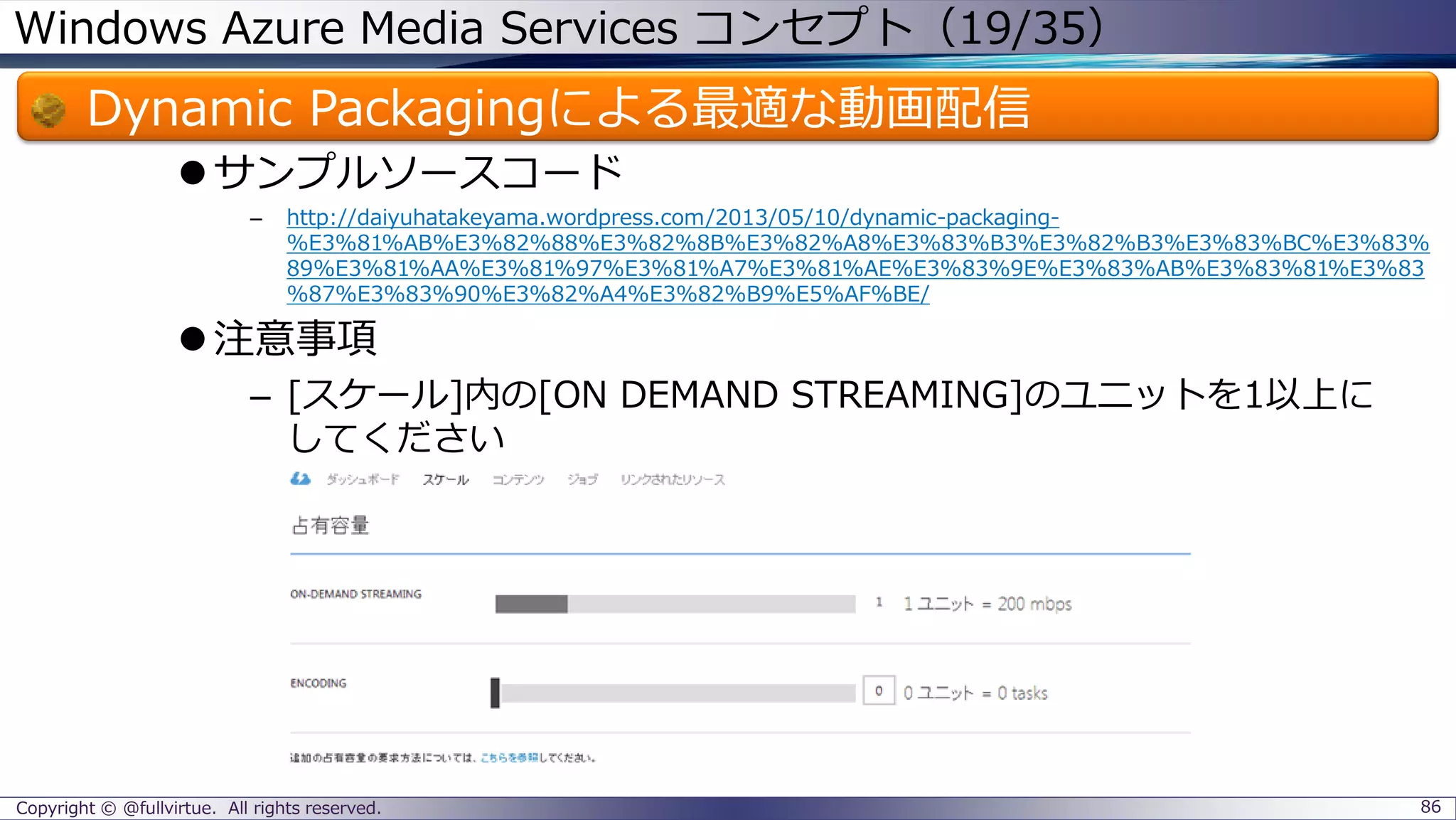 Windows Azure Media Services コンセプト（19/35）
Dynamic Packagingによる最適な動画配信
サンプルソースコード
– http://daiyuhatakeyama.wordpress.com/2013/05/10/dynamic-packaging-
%E3%81%AB%E3%82%88%E3%82%8B%E3%82%A8%E3%83%B3%E3%82%B3%E3%83%BC%E3%83%
89%E3%81%AA%E3%81%97%E3%81%A7%E3%81%AE%E3%83%9E%E3%83%AB%E3%83%81%E3%83
%87%E3%83%90%E3%82%A4%E3%82%B9%E5%AF%BE/
注意事項
– [スケール]内の[ON DEMAND STREAMING]のユニットを1以上に
してください
Copyright © @fullvirtue. All rights reserved. 86
 