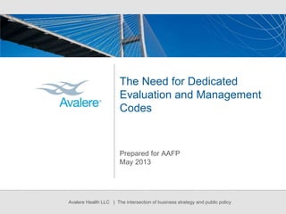 Avalere Health LLC | The intersection of business strategy and public policy
The Need for Dedicated
Evaluation and Management
Codes
Prepared for AAFP
May 2013
 