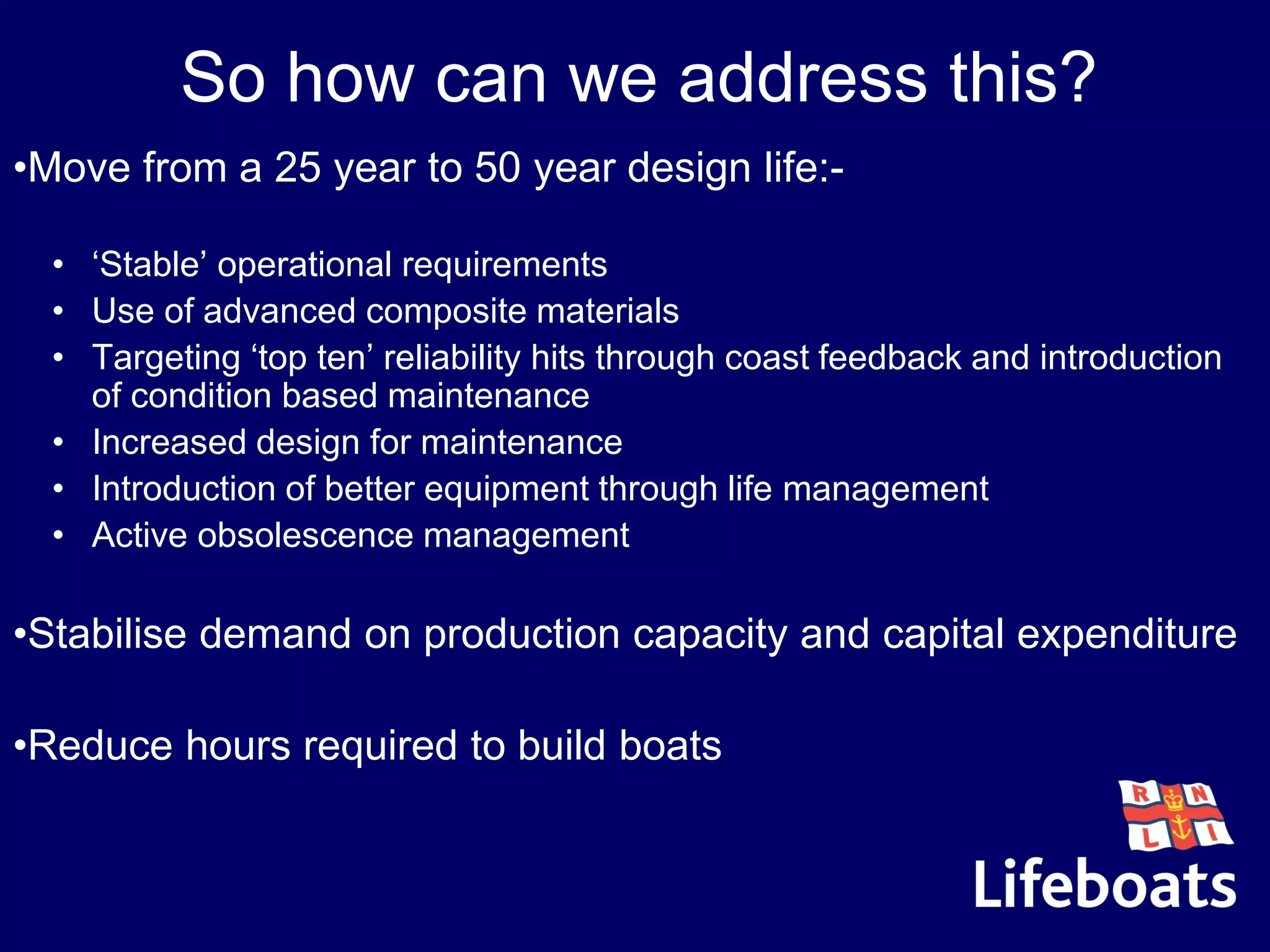 So how can we address this?
•Move from a 25 year to 50 year design life:-
• ‘Stable’ operational requirements
• Use of advanced composite materials
• Targeting ‘top ten’ reliability hits through coast feedback and introduction
of condition based maintenance
• Increased design for maintenance
• Introduction of better equipment through life management
• Active obsolescence management
•Stabilise demand on production capacity and capital expenditure
•Reduce hours required to build boats
 