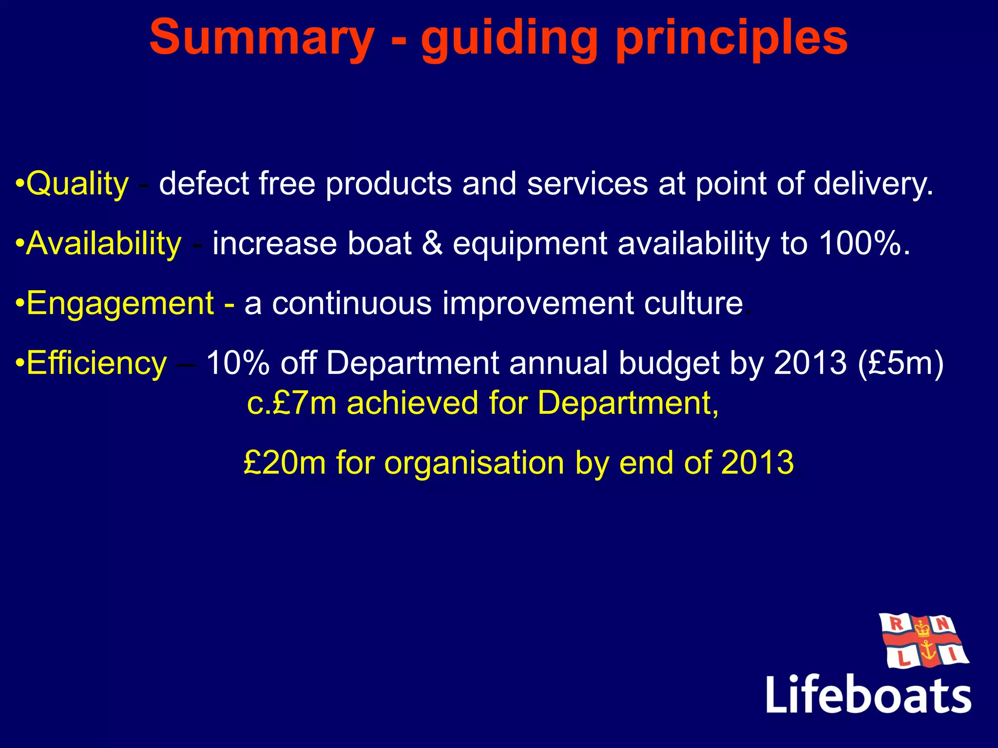 Summary - guiding principles
•Quality - defect free products and services at point of delivery.
•Availability - increase boat & equipment availability to 100%.
•Engagement - a continuous improvement culture.
•Efficiency – 10% off Department annual budget by 2013 (£5m)
c.£7m achieved for Department,
£20m for organisation by end of 2013
 