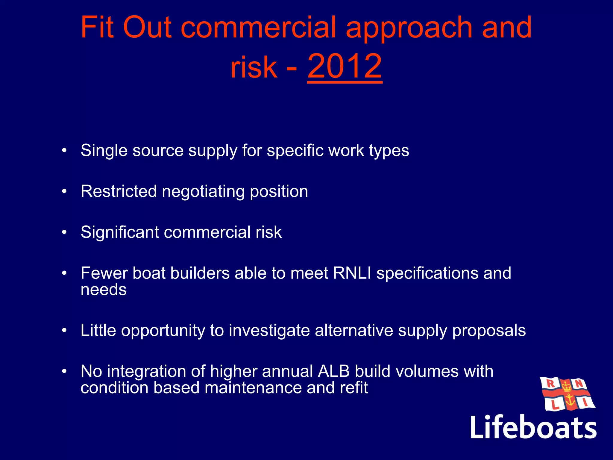 Fit Out commercial approach and
risk - 2012
• Single source supply for specific work types
• Restricted negotiating position
• Significant commercial risk
• Fewer boat builders able to meet RNLI specifications and
needs
• Little opportunity to investigate alternative supply proposals
• No integration of higher annual ALB build volumes with
condition based maintenance and refit
 