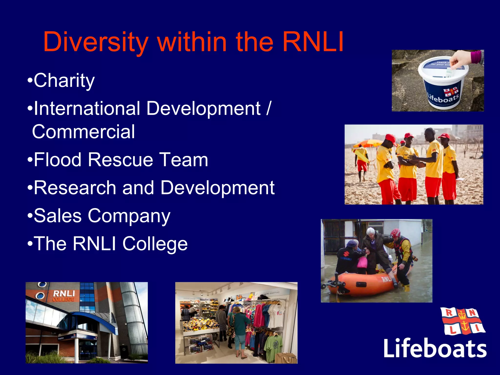 Diversity within the RNLI
•Charity
•International Development /
Commercial
•Flood Rescue Team
•Research and Development
•Sales Company
•The RNLI College
 