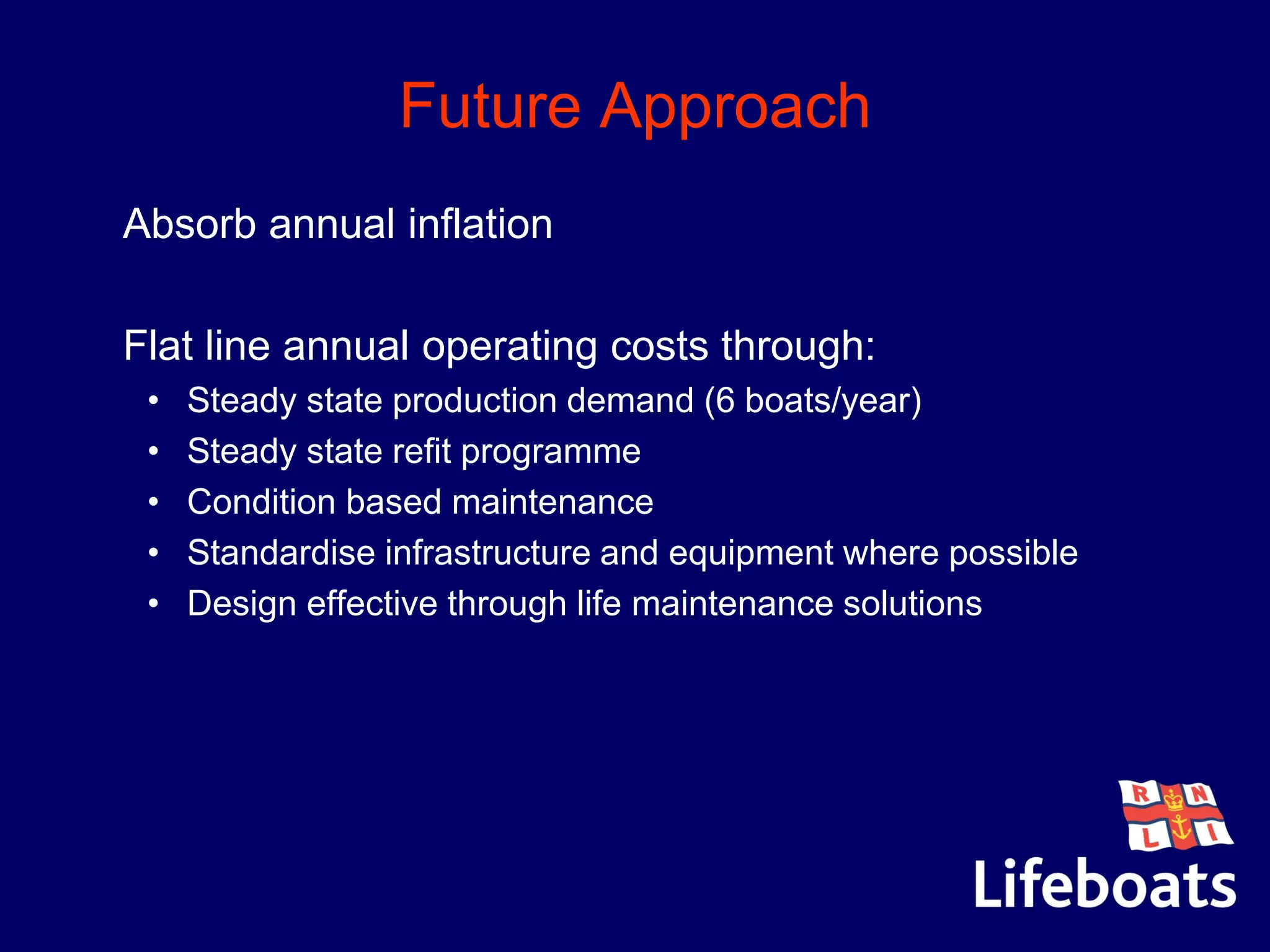 Future Approach
•Absorb annual inflation
•Flat line annual operating costs through:
• Steady state production demand (6 boats/year)
• Steady state refit programme
• Condition based maintenance
• Standardise infrastructure and equipment where possible
• Design effective through life maintenance solutions
 