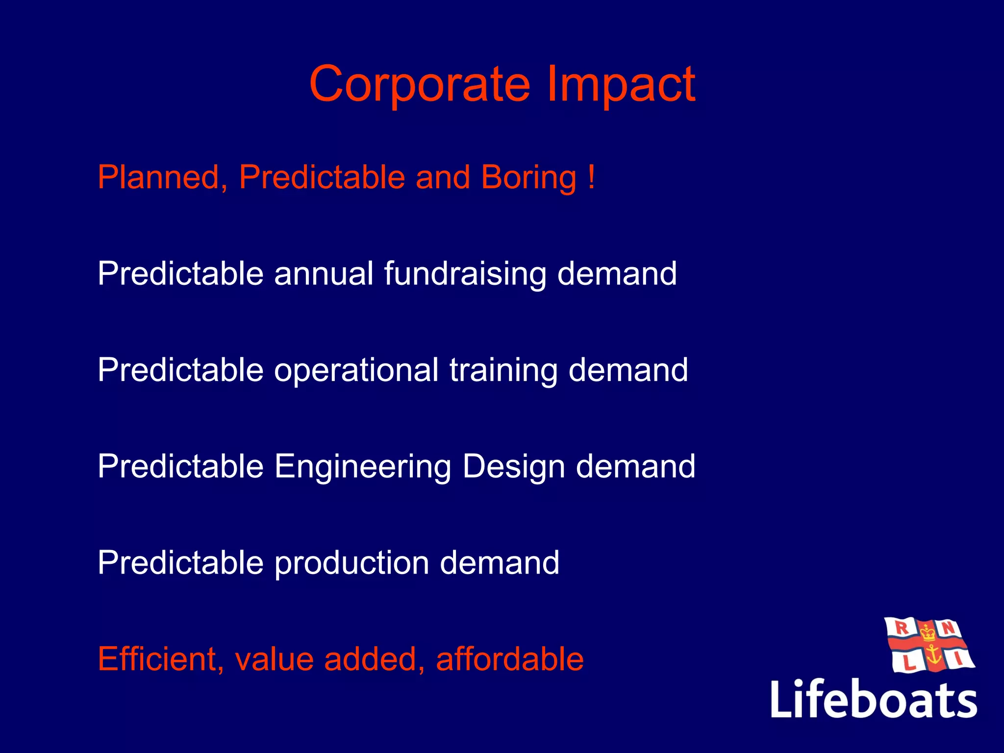 Corporate Impact
•Planned, Predictable and Boring !
•Predictable annual fundraising demand
•Predictable operational training demand
•Predictable Engineering Design demand
•Predictable production demand
•Efficient, value added, affordable
 