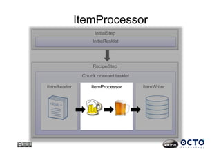 ItemProcessor
RecipeStep
InitialStep
InitialTasklet
Chunk oriented tasklet
ItemReader ItemWriterItemProcessor
 