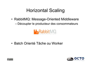 Horizontal Scaling
•  RabbitMQ: Message-Oriented Middleware
– Découpler le producteur des consommateurs
•  Batch Orienté Tâche ou Worker
 