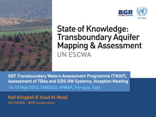 State of Knowledge:
Transboundary Aquifer
Mapping & Assessment
UN ESCWA
Ralf Klingbeil & Yusuf Al-Mooji
UN ESCWA - BGR Cooperation
GEF Transboundary Waters Assessment Programme (TWAP),
Assessment of TBAs and SIDS GW Systems, Inception Meeting
14-15 May 2013, UNESCO, WWAP, Perugia, Italy
 