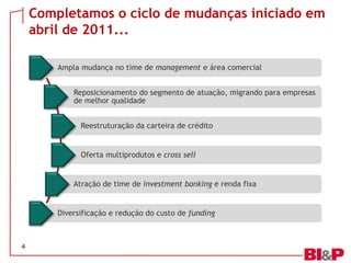 Completamos o ciclo de mudanças iniciado em
abril de 2011...
4
Ampla mudança no time de management e área comercial
Reposicionamento do segmento de atuação, migrando para empresas
de melhor qualidade
Reestruturação da carteira de crédito
Oferta multiprodutos e cross sell
Atração de time de investment banking e renda fixa
Diversificação e redução do custo de funding
 