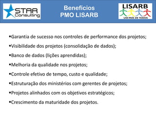 Benefícios
PMO LISARB
Garantia de sucesso nos controles de performance dos projetos;
Visibilidade dos projetos (consolidação de dados);
Banco de dados (lições aprendidas);
Melhoria da qualidade nos projetos;
Controle efetivo de tempo, custo e qualidade;
Estruturação dos ministérios com gerentes de projetos;
Projetos alinhados com os objetivos estratégicos;
Crescimento da maturidade dos projetos.
 