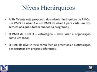 Níveis Hierárquicos
• A Six Talents está propondo dois níveis hierárquicos de PMOs,
um PMO de nível 3 e um PMO de nível 2 para cada um dos
setores nos quais foram criados os programas;
• O PMO de nível 3 – estratégico – deve visar a organização
como um todo;
• O PMO de nível 2 teria como foco os processos e a otimização
dos recursos em projetos diferentes.
 