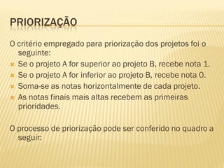 PRIORIZAÇÃO
O critério empregado para priorização dos projetos foi o
seguinte:
 Se o projeto A for superior ao projeto B, recebe nota 1.
 Se o projeto A for inferior ao projeto B, recebe nota 0.
 Soma-se as notas horizontalmente de cada projeto.
 As notas finais mais altas recebem as primeiras
prioridades.
O processo de priorização pode ser conferido no quadro a
seguir:
 
