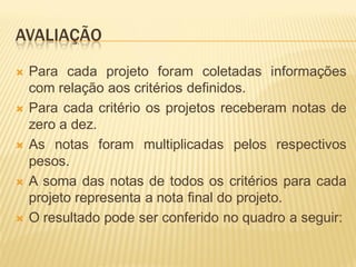 AVALIAÇÃO
 Para cada projeto foram coletadas informações
com relação aos critérios definidos.
 Para cada critério os projetos receberam notas de
zero a dez.
 As notas foram multiplicadas pelos respectivos
pesos.
 A soma das notas de todos os critérios para cada
projeto representa a nota final do projeto.
 O resultado pode ser conferido no quadro a seguir:
 