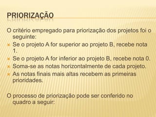 PRIORIZAÇÃO
O critério empregado para priorização dos projetos foi o
seguinte:
 Se o projeto A for superior ao projeto B, recebe nota
1.
 Se o projeto A for inferior ao projeto B, recebe nota 0.
 Soma-se as notas horizontalmente de cada projeto.
 As notas finais mais altas recebem as primeiras
prioridades.
O processo de priorização pode ser conferido no
quadro a seguir:
 